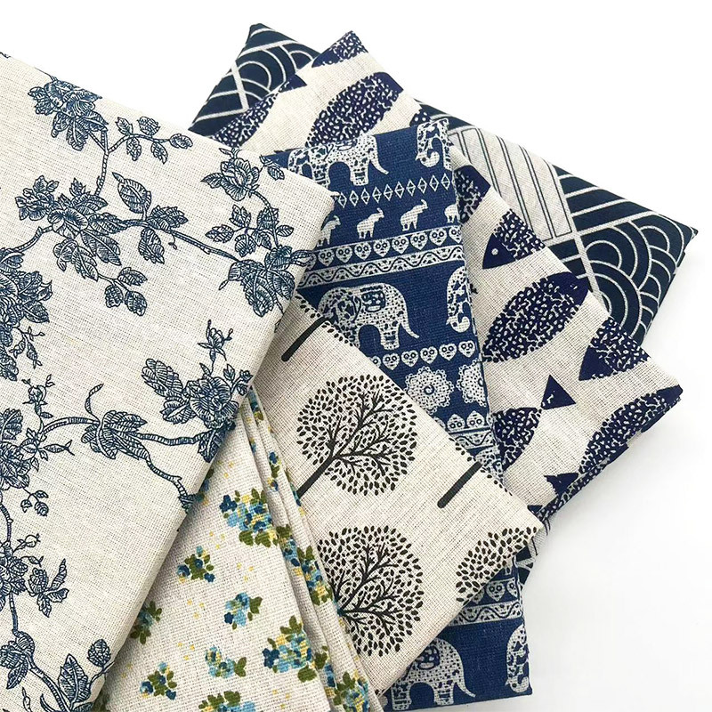 Linen Table Runner - Винтажная синяя хлопково-льняная ткань с цветочным